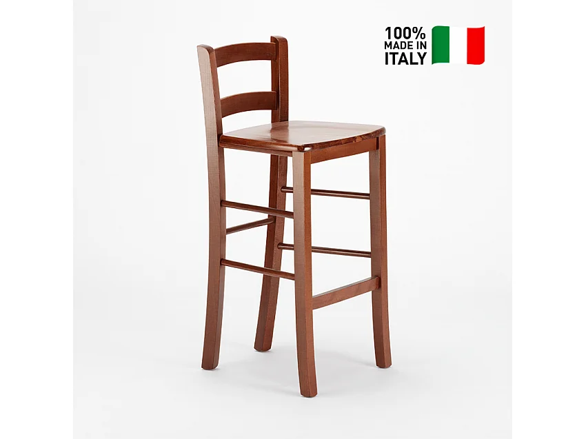 Sgabello alto in legno con schienale Munich per bar pub e cucina