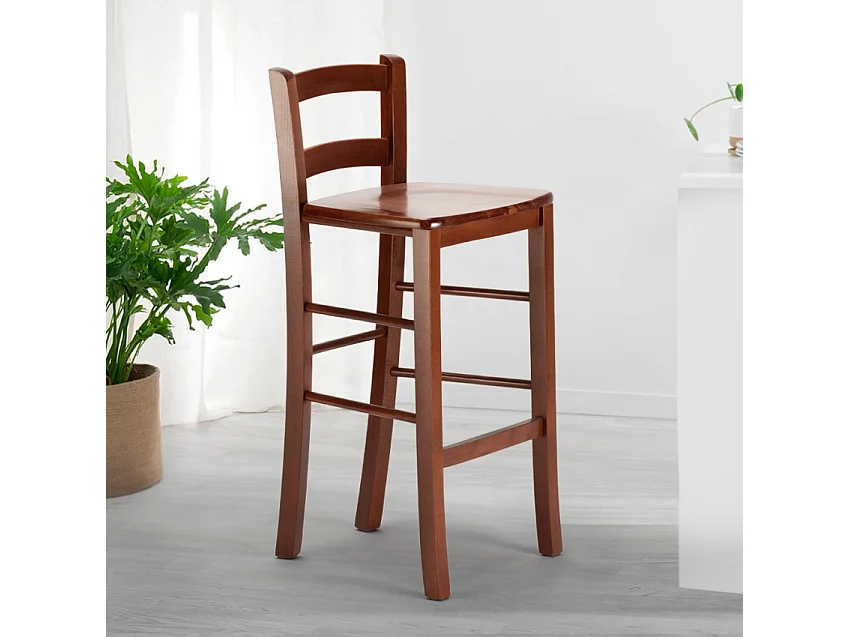 Sgabello alto in legno con schienale Munich per bar pub e cucina