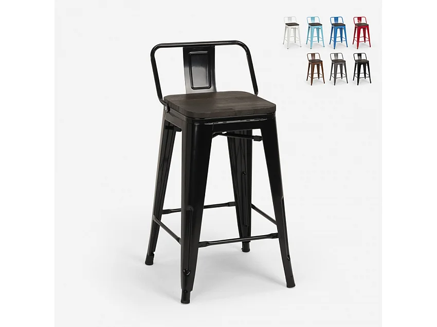 taburete alto de diseño industrial de metal y madera, para barra y cocina steel wood top - Negro