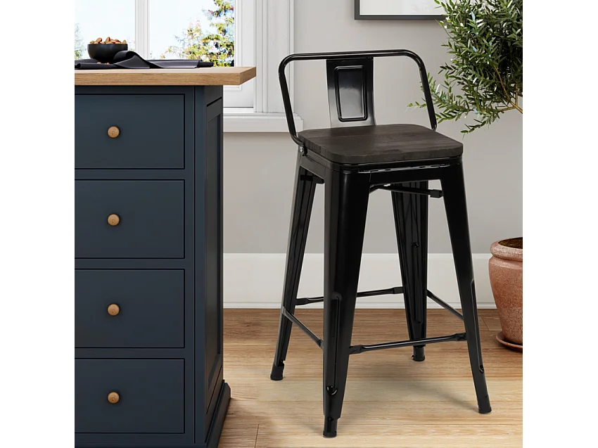 taburete alto de diseño industrial de metal y madera, para barra y cocina steel wood top - Negro