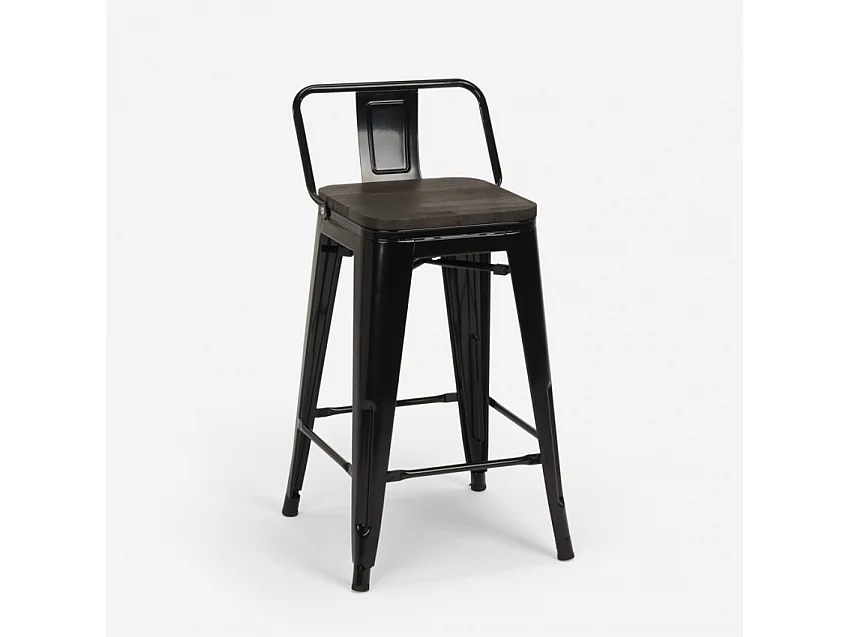 taburete alto de diseño industrial de metal y madera, para barra y cocina steel wood top - Negro
