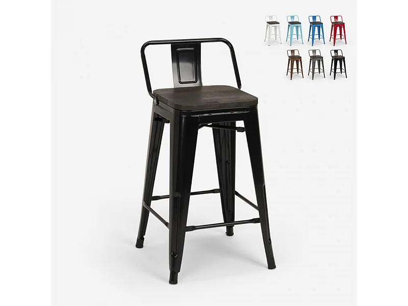 taburete alto de diseño industrial de metal y madera, para barra y cocina steel wood top - Negro