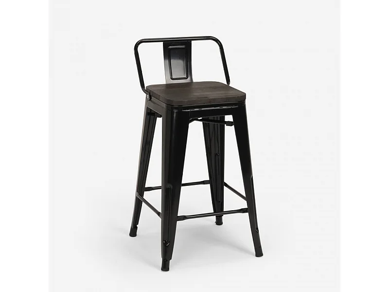 taburete alto de diseño industrial de metal y madera, para barra y cocina steel wood top - Negro
