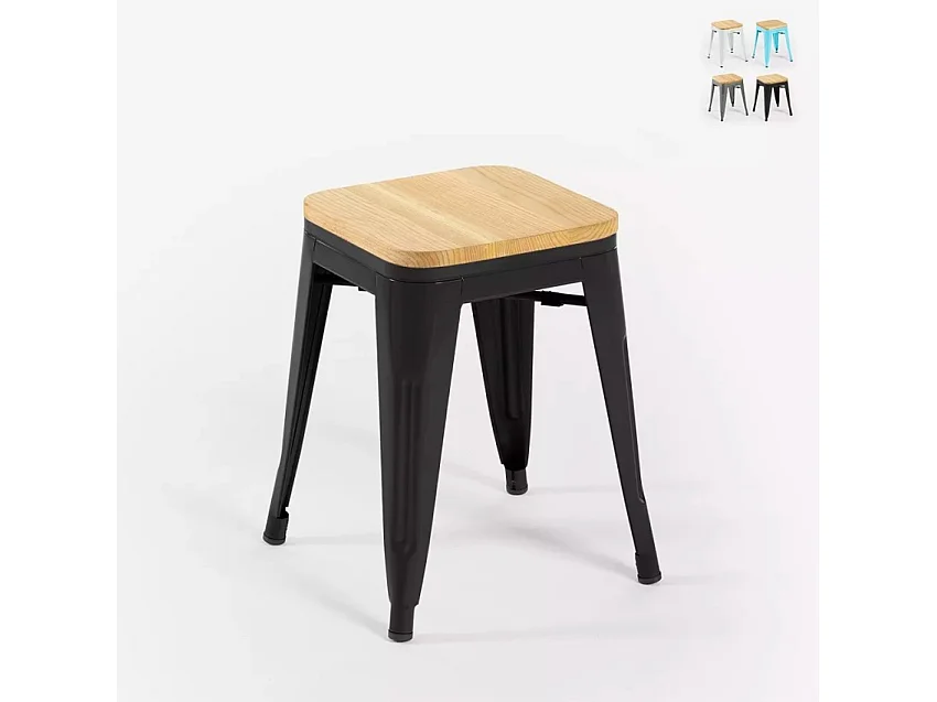 taburete industrial metal bar cocina madera steel rocket wood - Negro