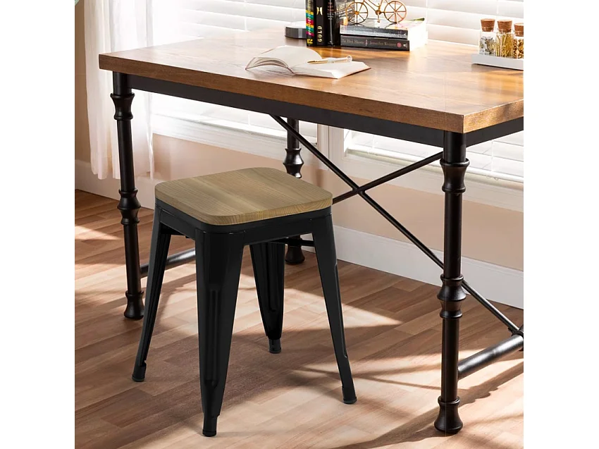 taburete industrial metal bar cocina madera steel rocket wood - Negro