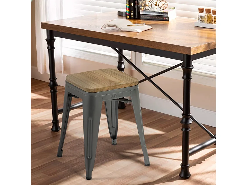 taburete industrial metal bar cocina madera steel rocket wood - Gris Oscuro