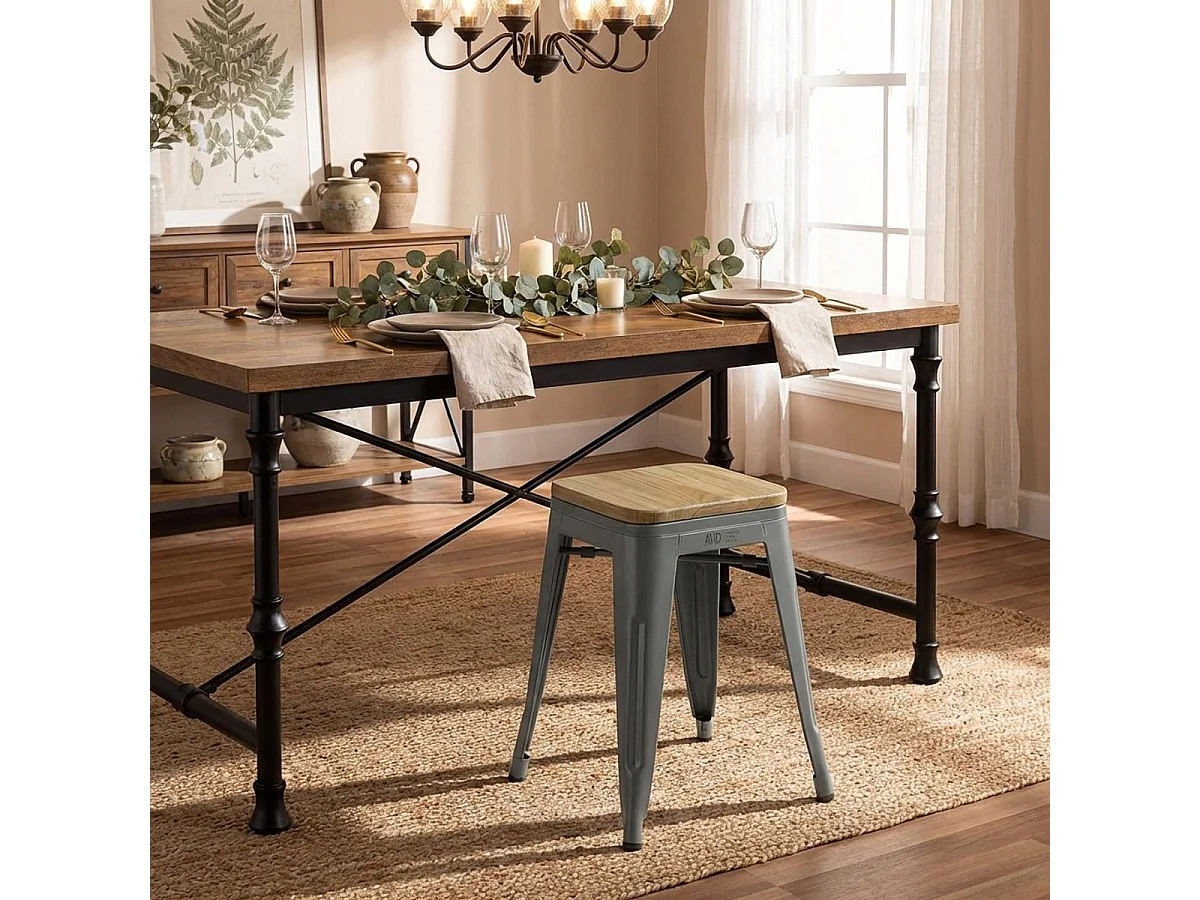 tabouret industriel en métal avec siège bois pour bar et cuisine - steel rocket wood - Gris foncé