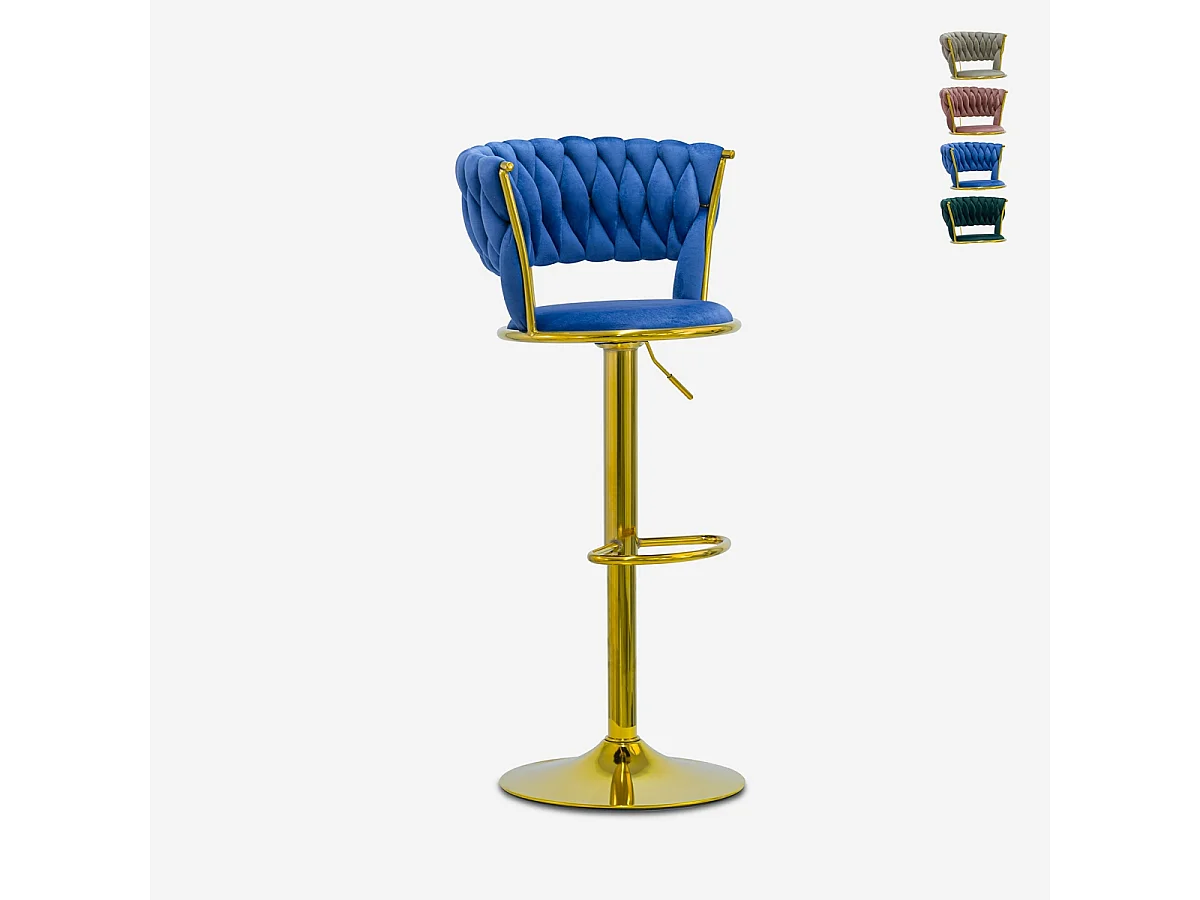 Hocker verstellbar aus goldfarbenem Metall und gewebtem Samt Macaron - Blau