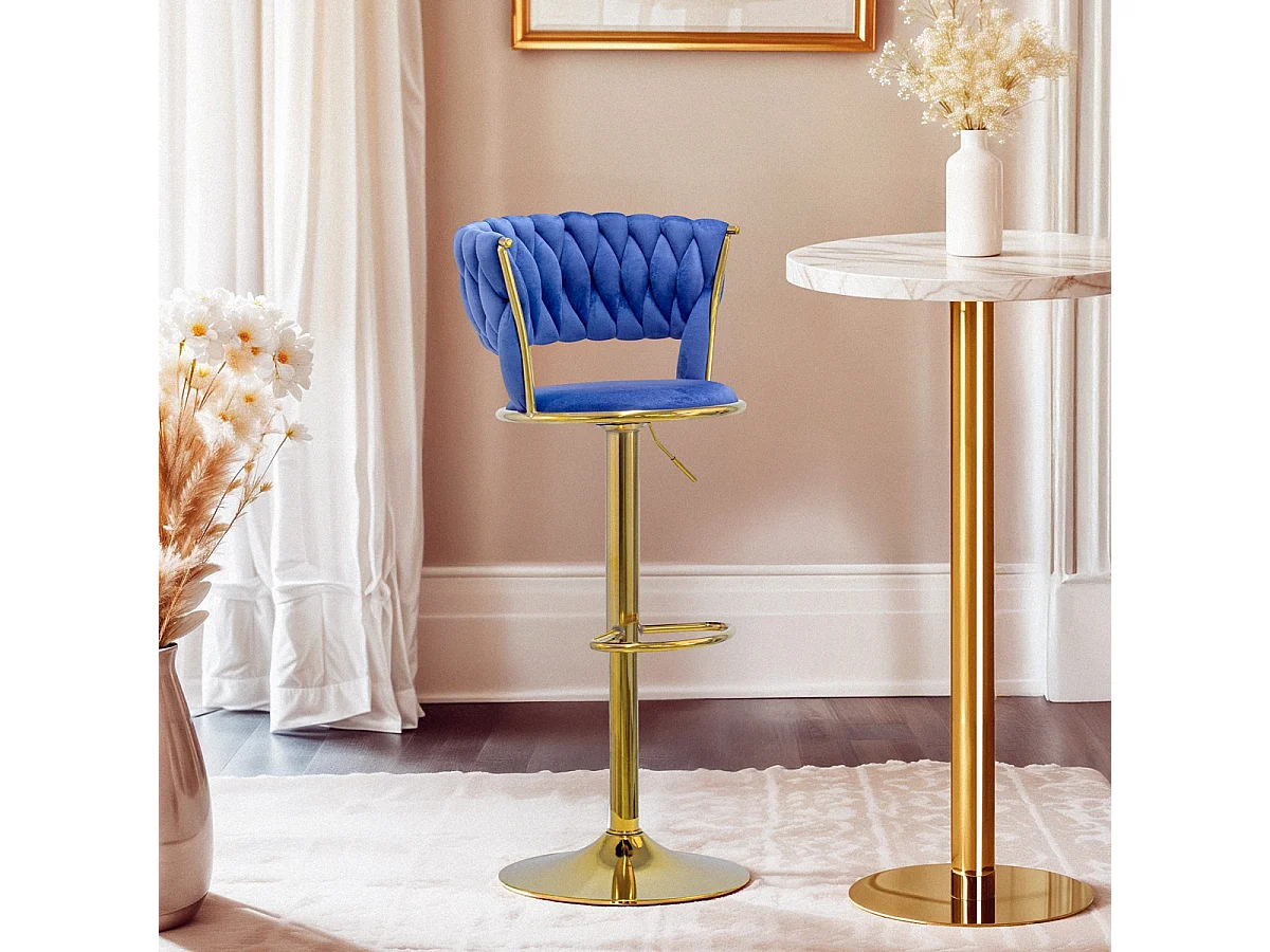 Hocker verstellbar aus goldfarbenem Metall und gewebtem Samt Macaron - Blau