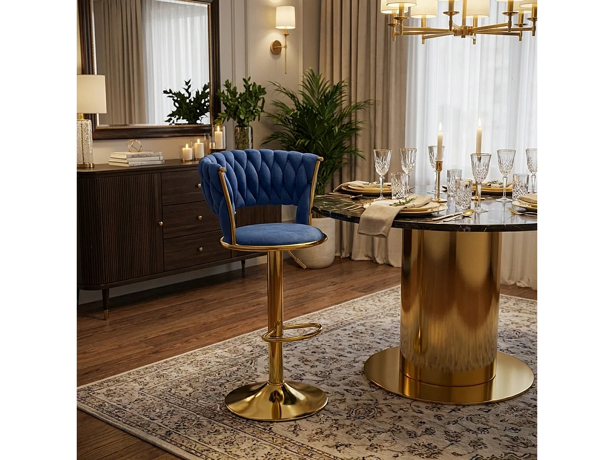 Hocker verstellbar aus goldfarbenem Metall und gewebtem Samt Macaron - Blau