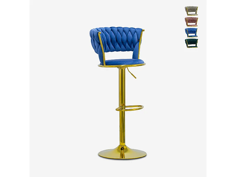 Hocker verstellbar aus goldfarbenem Metall und gewebtem Samt Macaron - Blau