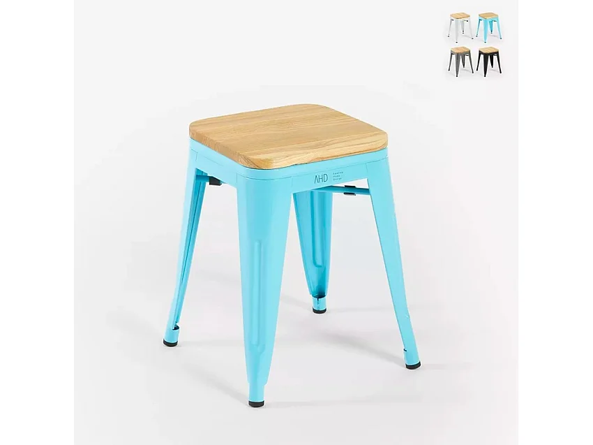 taburete industrial metal bar cocina madera steel rocket wood - Azul