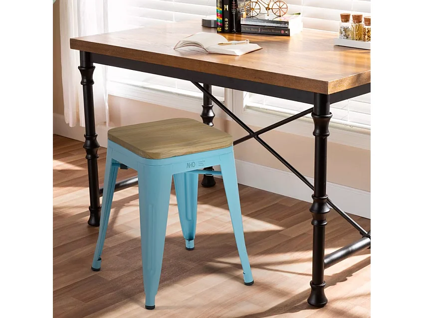 taburete industrial metal bar cocina madera steel rocket wood - Azul