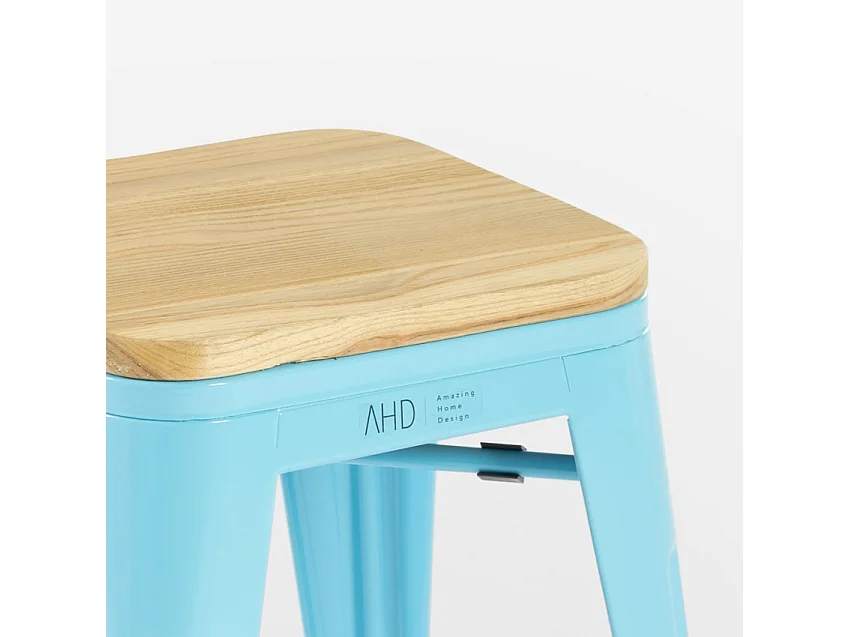 taburete industrial metal bar cocina madera steel rocket wood - Azul