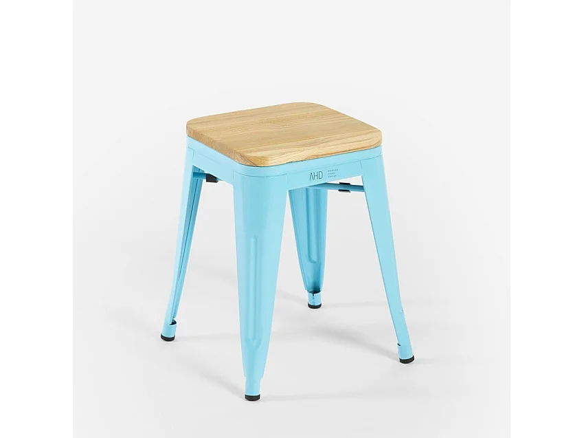 tabouret industriel en métal avec siège bois pour bar et cuisine - steel rocket wood - Turquoise