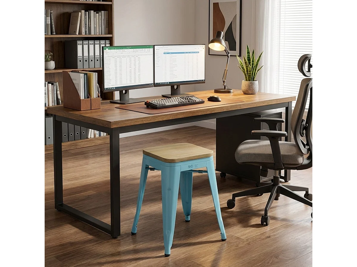 tabouret industriel en métal avec siège bois pour bar et cuisine - steel rocket wood - Turquoise