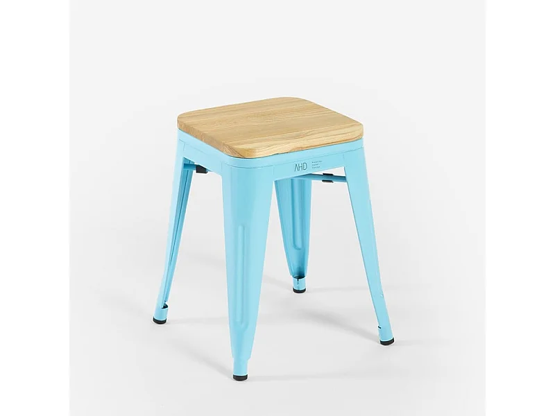 tabouret industriel en métal avec siège bois pour bar et cuisine - steel rocket wood - Turquoise