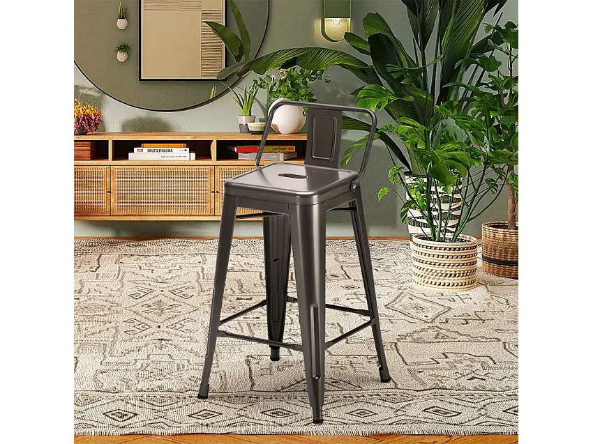 taburete alto de acero y metal para cocinas y bares con respaldo steel top - Gris