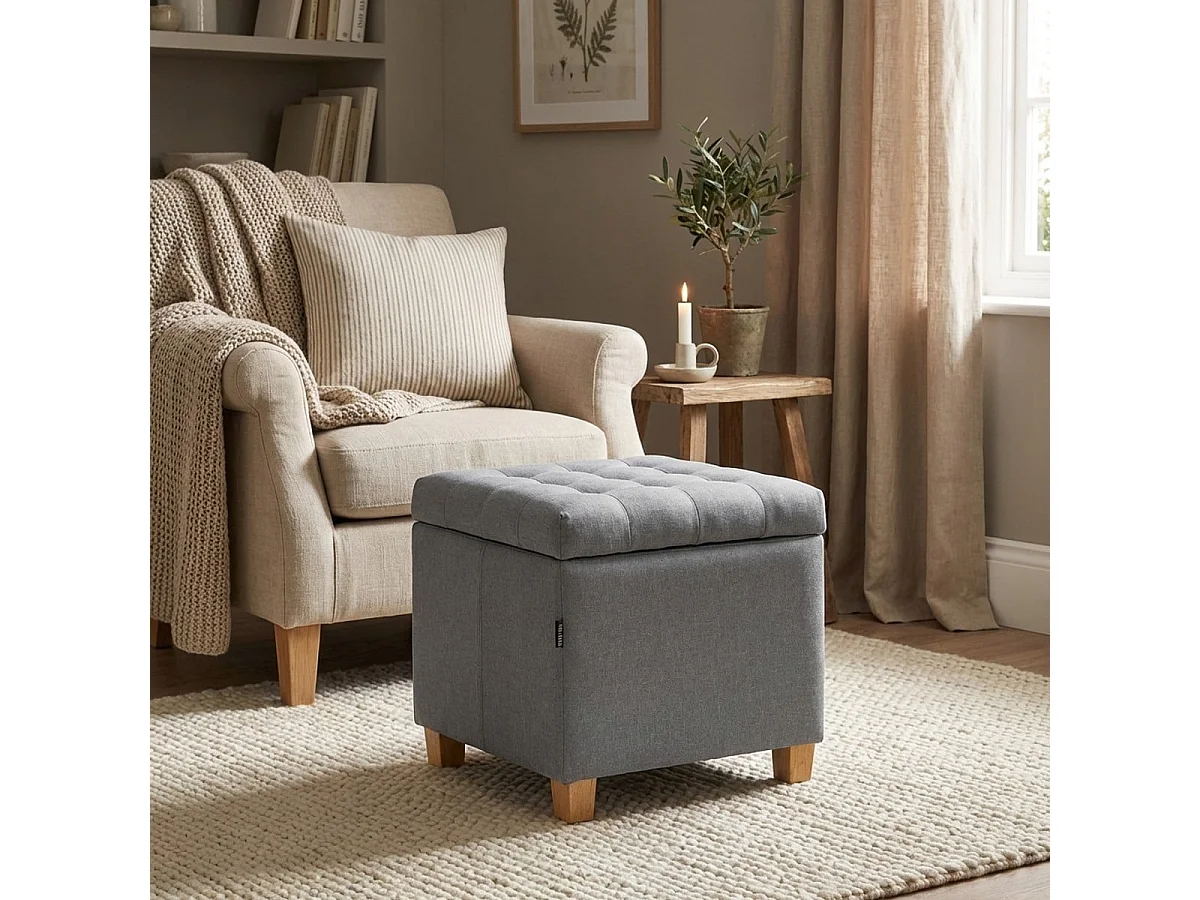 Pouf de rangement avec coussins recouvert de tissu matelassé Coffree - Gris