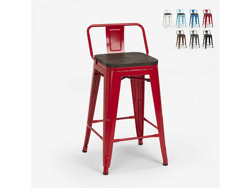 taburete alto de diseño industrial de metal y madera, para barra y cocina steel wood top - Rojo