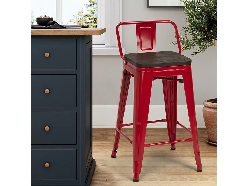 taburete alto de diseño industrial de metal y madera, para barra y cocina steel wood top - Rojo