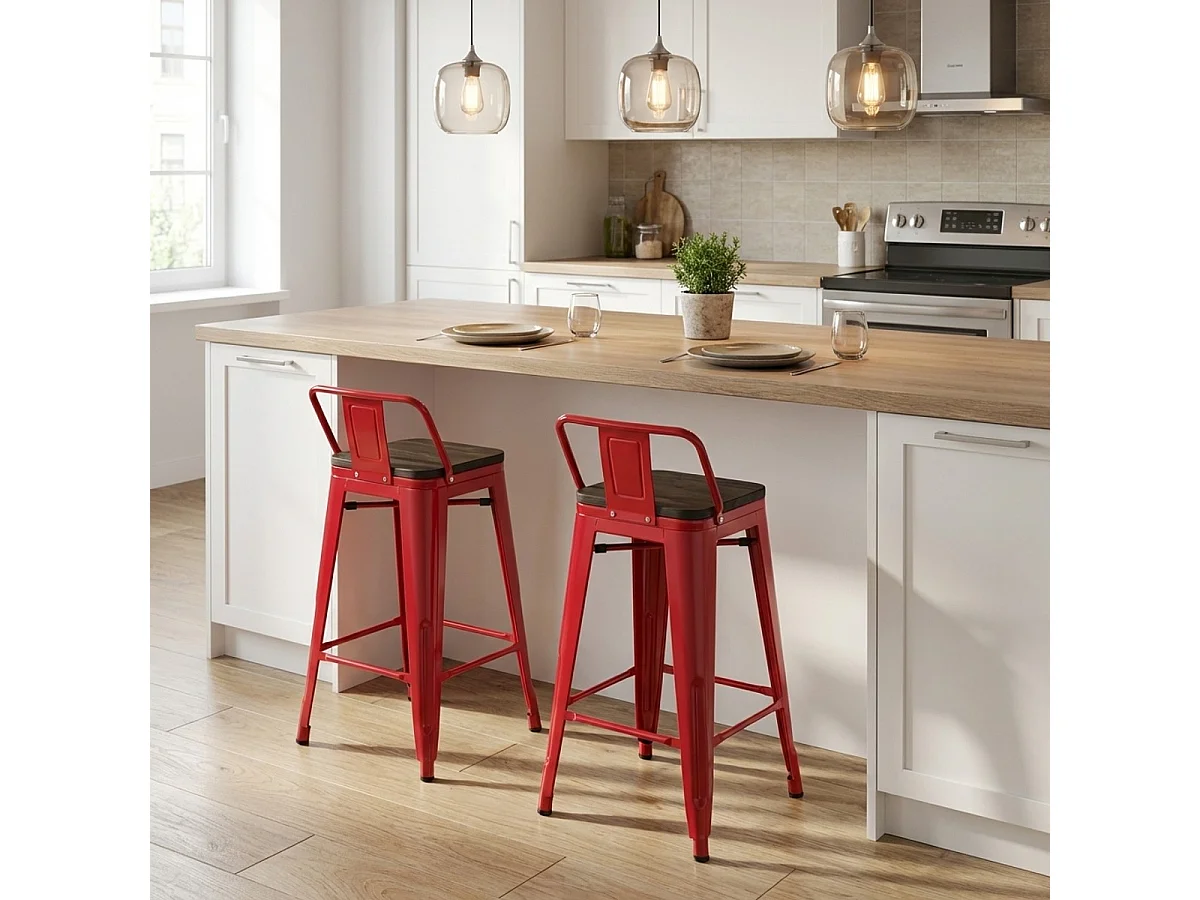 taburete alto de diseño industrial de metal y madera, para barra y cocina steel wood top - Rojo