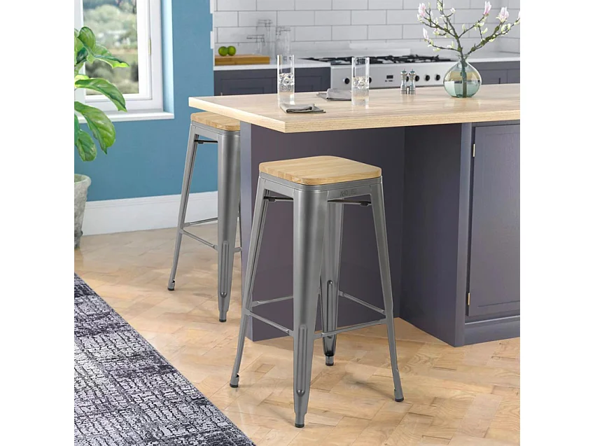 stuhl hoch bar küche metall industriell oben h78cm holz steel up wood - Dunkel Grau