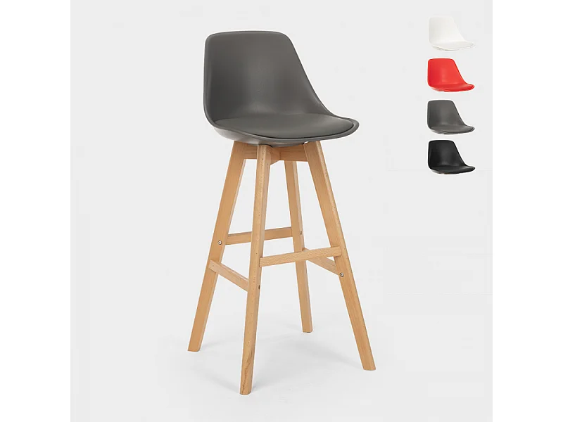 Taburete alto con cojín de diseño escandinavo para bar y cocinaWillis Wood - Gris