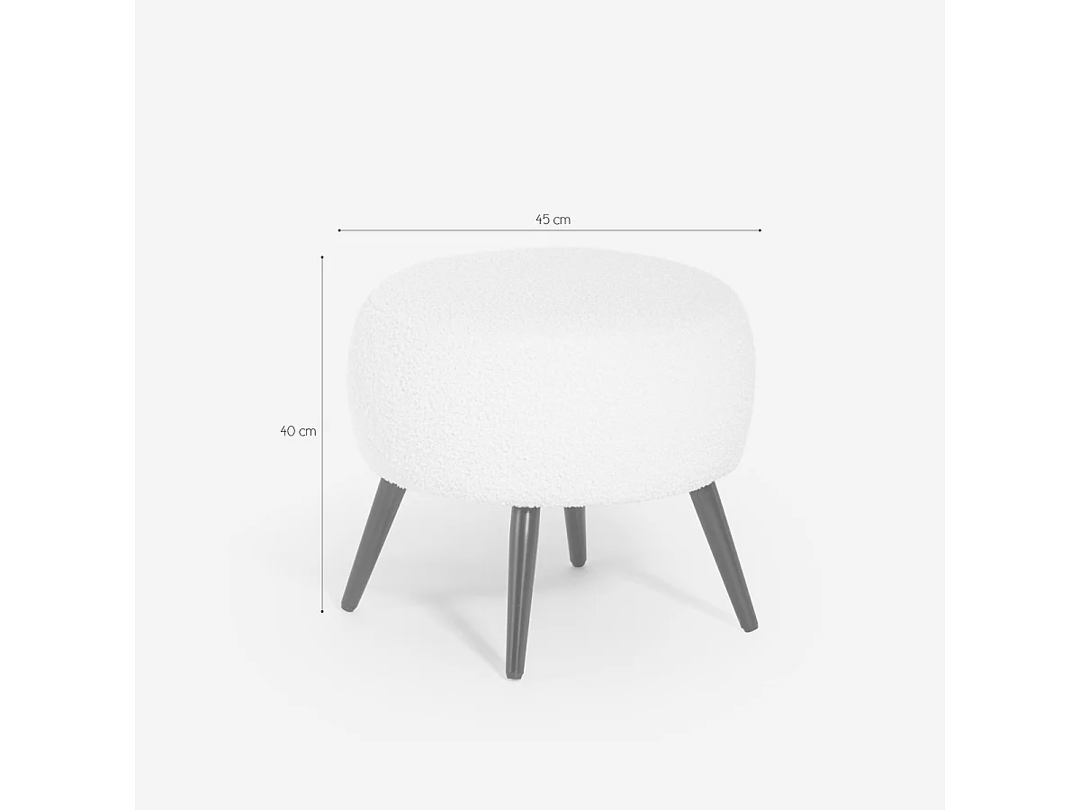Pouf poggiapiedi da salotto in teddy bouclé bianco con piedini neri Belix
