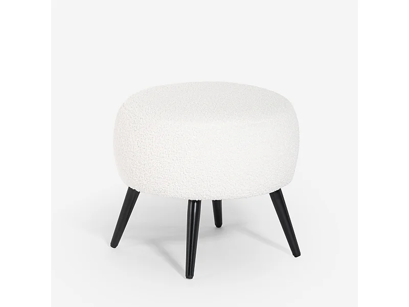 Pouf poggiapiedi da salotto in teddy bouclé bianco con piedini neri Belix