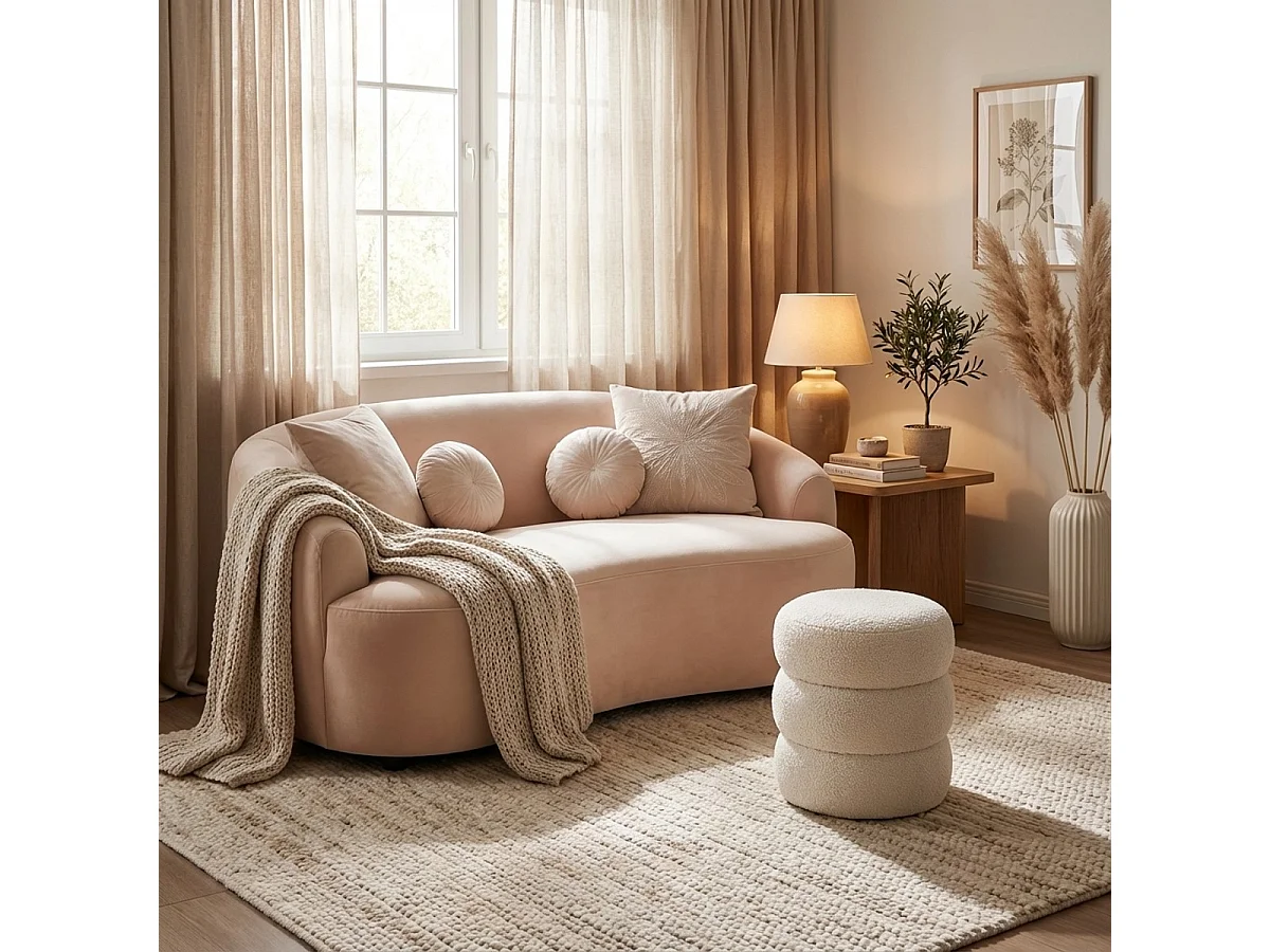 Pouf poggiapiedi in teddy bouclé design moderno a cilindro Okami - Bianco