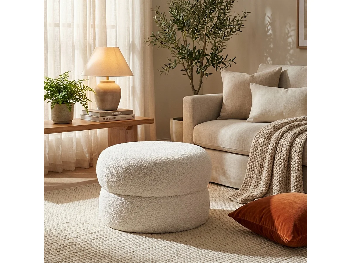 Pouf poggiapiedi basso per soggiorno in tessuto  teddy bouclé Raion - Bianco