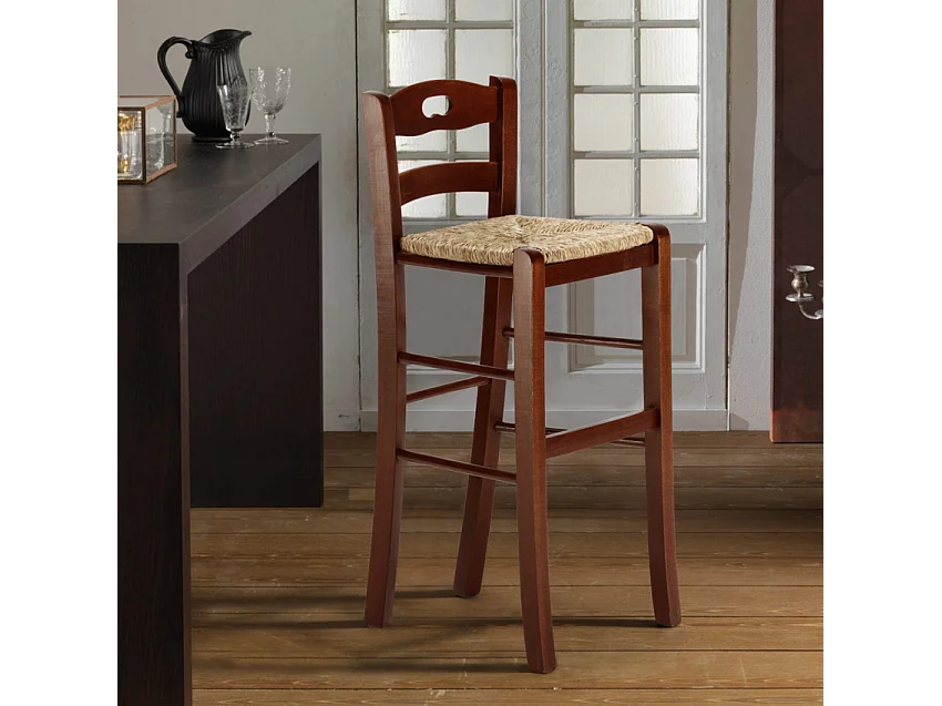 Sgabello alto in legno con seduta in paglia Hamburg bar pub e cucina