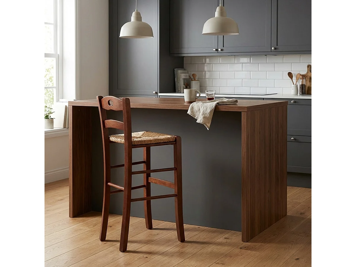 Tabouret de bar pub et cuisine en bois avec assise en paille Hamburg