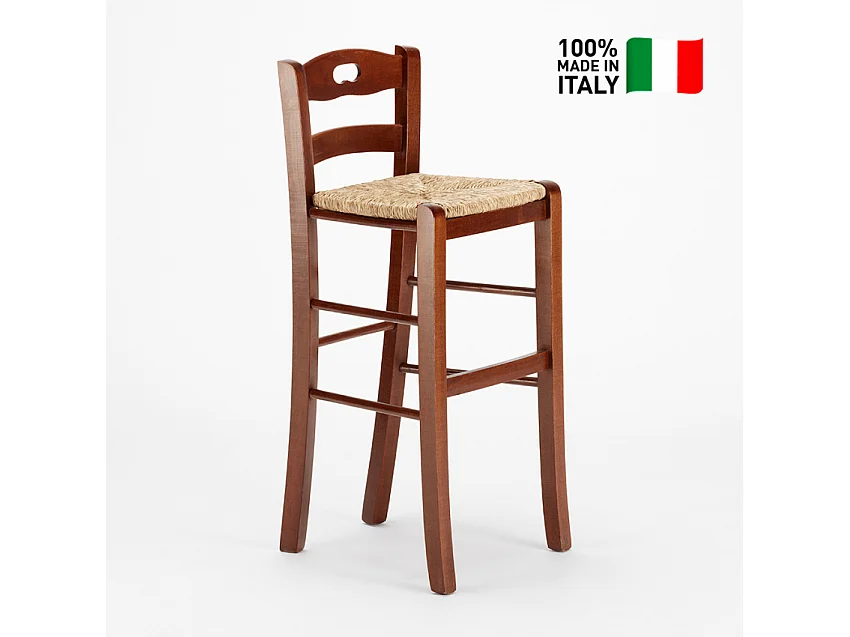 Tabouret de bar pub et cuisine en bois avec assise en paille Hamburg