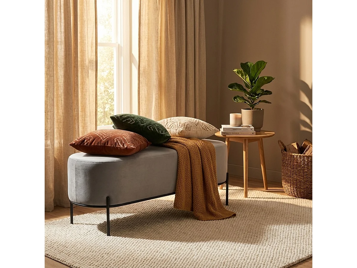 Pouf Fussbank Sitzbank Eingangsbereich Design aus grauem Samtstoff Monet - Grau