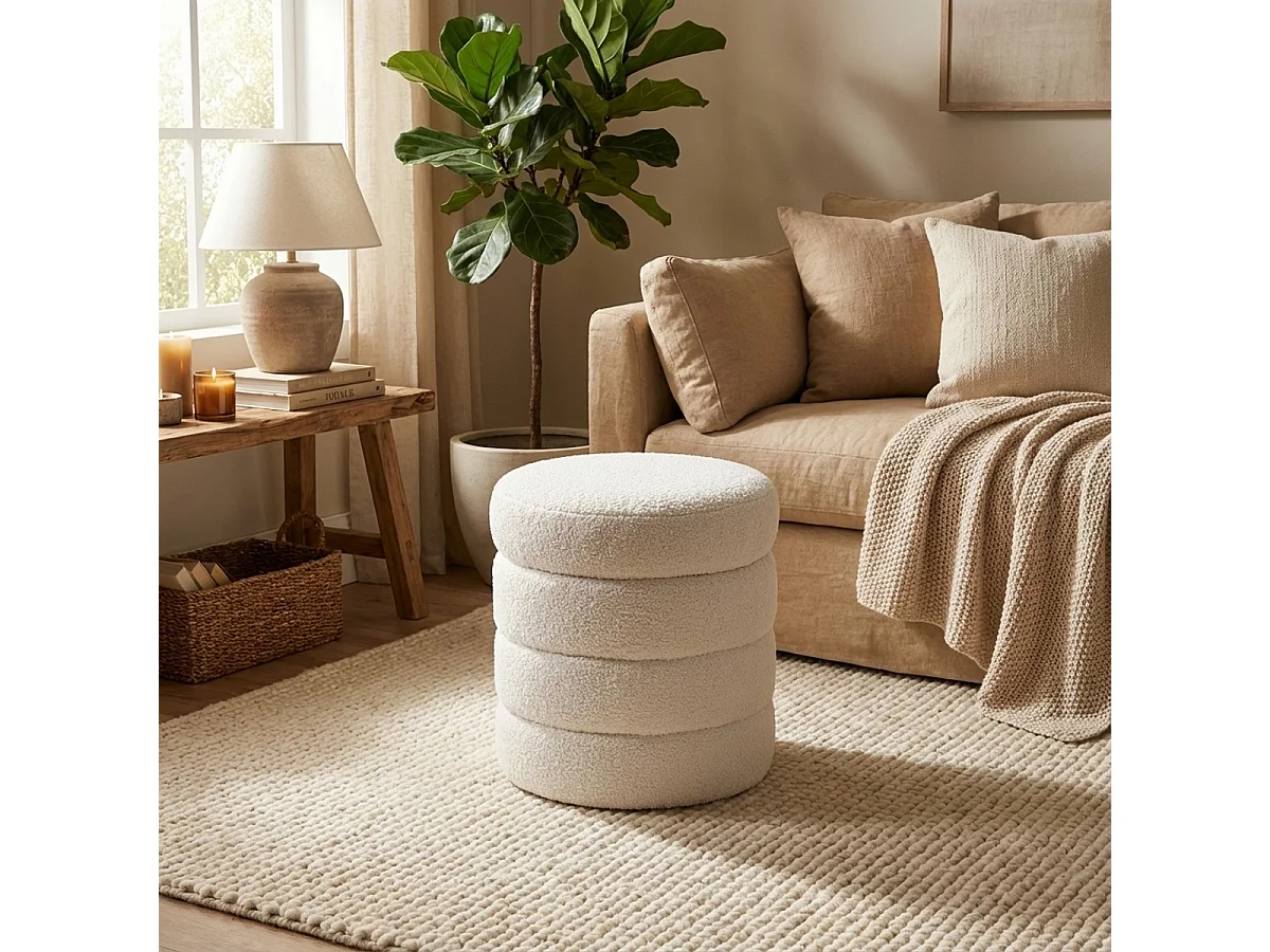 Pouf bouclé contenitore di design a cilindro per soggiorno  Mugi - Bianco