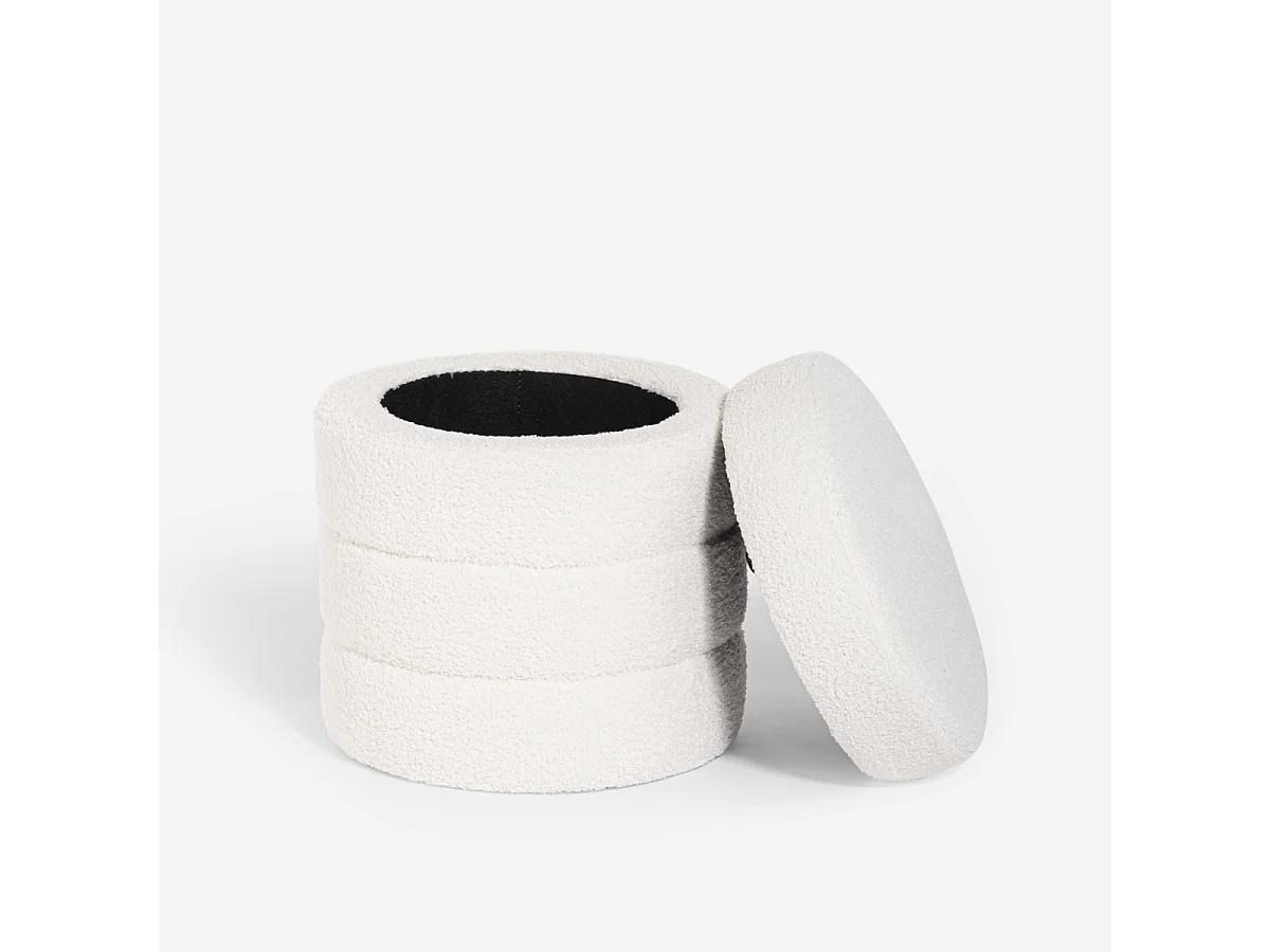 Pouf bouclé contenitore di design a cilindro per soggiorno  Mugi - Bianco