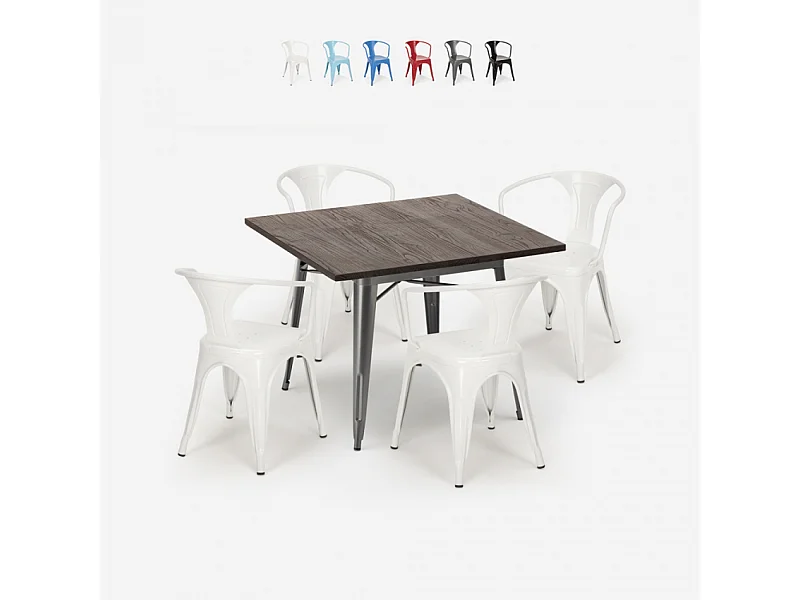 juego diseño industrial mesa 80 x 80 cm 4 sillas estilo cocina bar hustle - Blanco