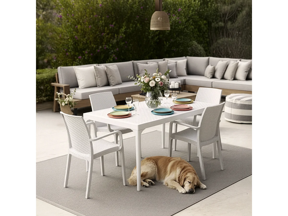 Stock 18 sillas de rattan apilables con reposabrazos para jardín exterior Indiana Bica - Blanco