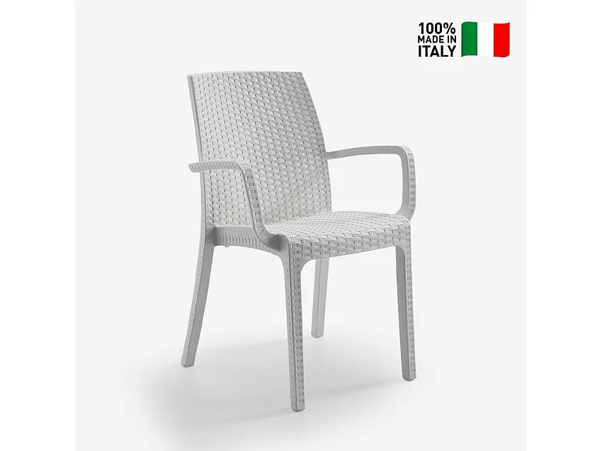 Stock 18 sillas de rattan apilables con reposabrazos para jardín exterior Indiana Bica - Blanco