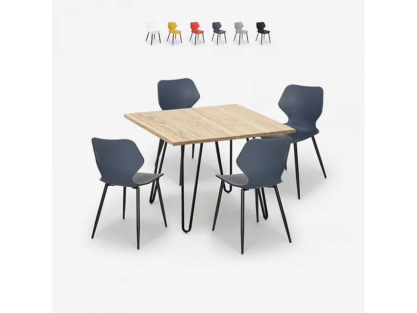 Conjunto mesa cuadrada estilo industrial 80 x 80 cm 4 sillas diseño Sartis Light - Azul Marino