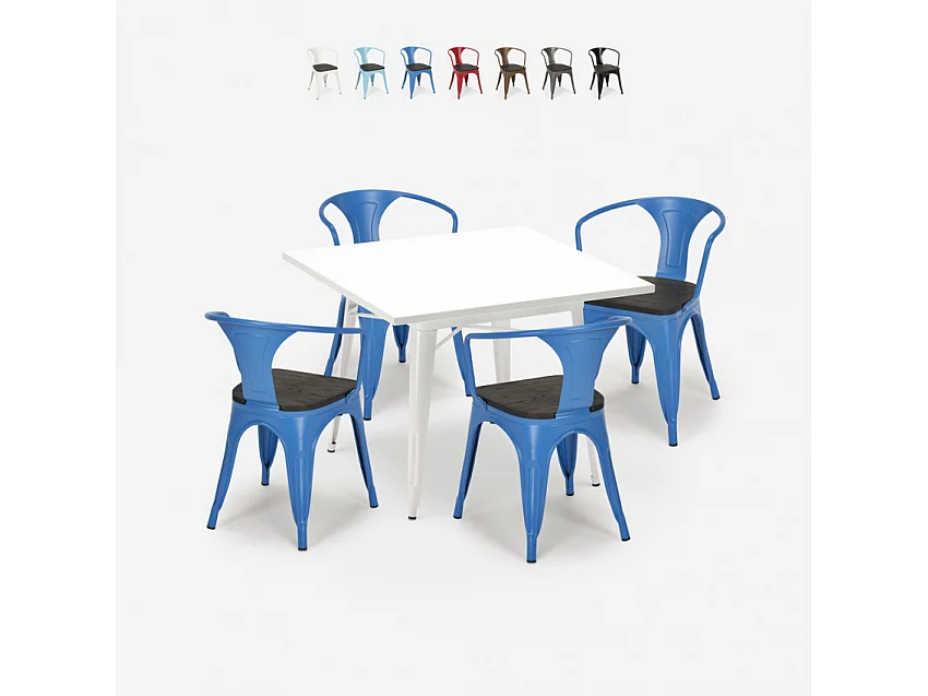 juego mesa cocina 80 x 80 cm 4 sillas estilo industrial madera acero century wood white - Azul Marino
