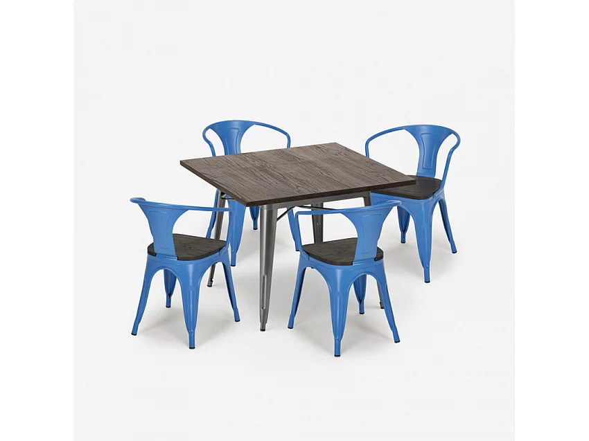 juego cocina industrial mesa 80 x 80 cm 4 sillas madera metal hustle wood - Azul Marino