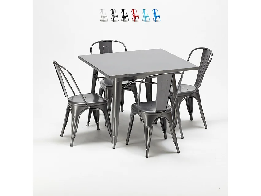 conjunto de mesa cuadrada y sillas industriales de metal estilo flushing - Gris