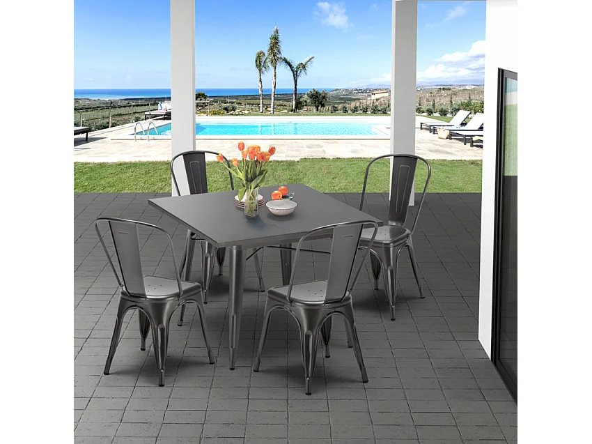 conjunto de mesa cuadrada y sillas industriales de metal estilo flushing - Gris