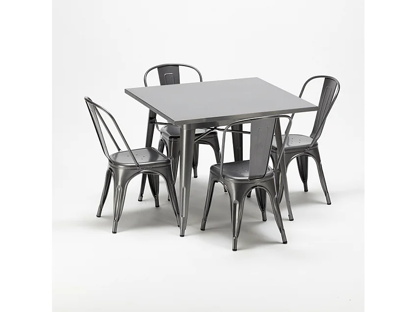 conjunto de mesa cuadrada y sillas industriales de metal estilo flushing - Gris