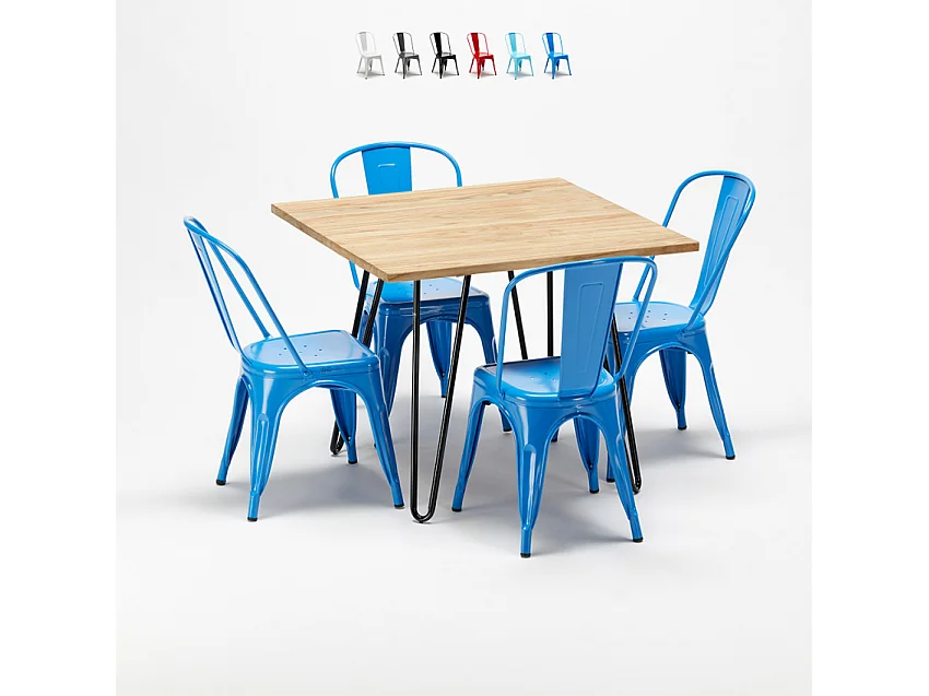 table et 4 chaises carrées en métal et bois au style industriel tribeca - Bleu