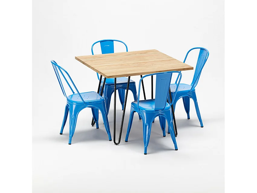 table et 4 chaises carrées en métal et bois au style industriel tribeca - Bleu