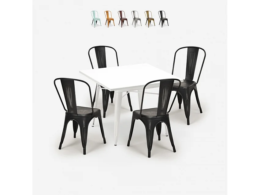 juego 4 sillas industrial estilo mesa metal 80 x 80 cm blanco state white - Negro